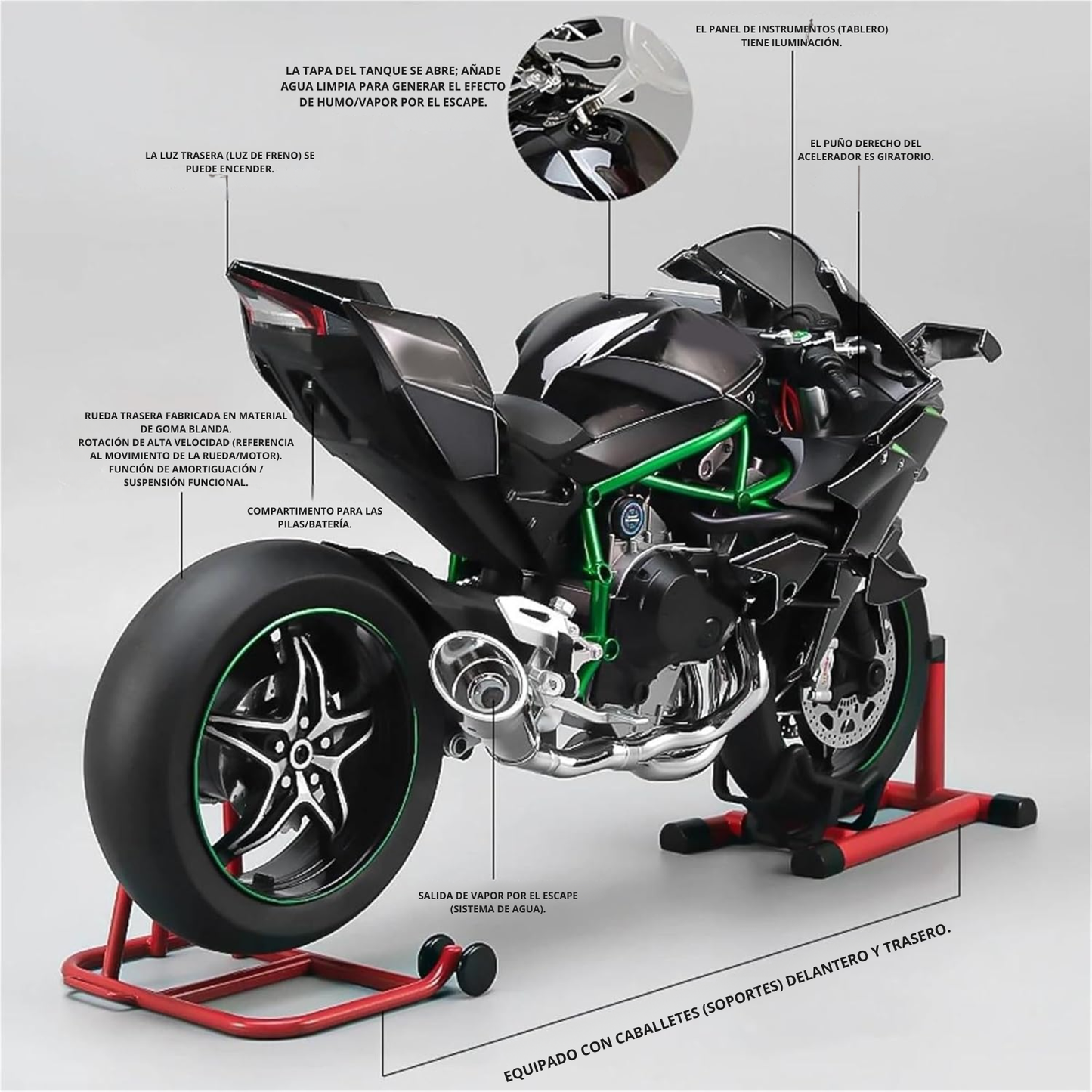 Kawasaki Ninja H2R 1:9, con motor interactivo, luces y escape funcional.
